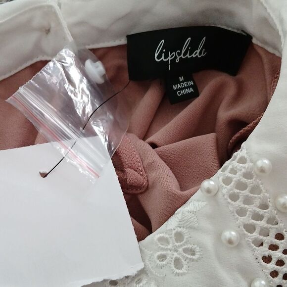 Lipslide brown white eyelet pearl collar  blouse casual preppy Sz M NWT - Picture 6 of 6